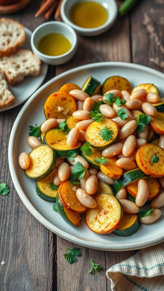 A colorful sautéed zucchini and beans dish with garlic and parsley, served on a rustic table with bread.